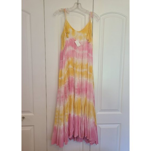 NWT-Impeccable Pig Pink & Yellow  Long A-line Tie Dye Dress w/Tassels Size M - Picture 6 of 6